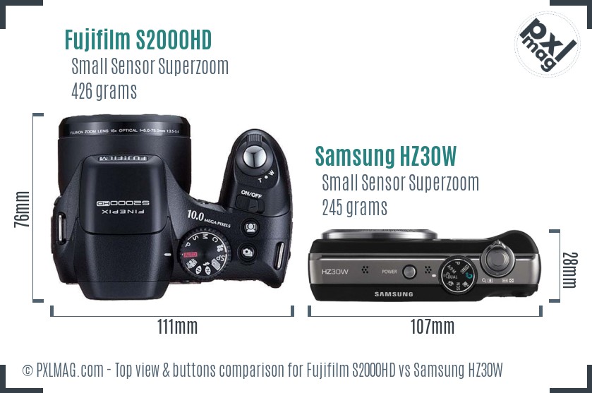Fujifilm S2000HD vs Samsung HZ30W top view buttons comparison