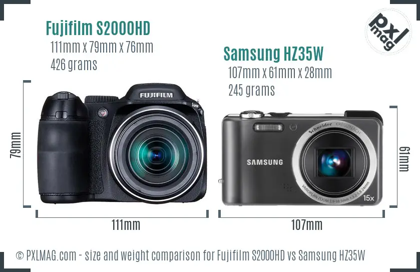 Fujifilm S2000HD vs Samsung HZ35W size comparison