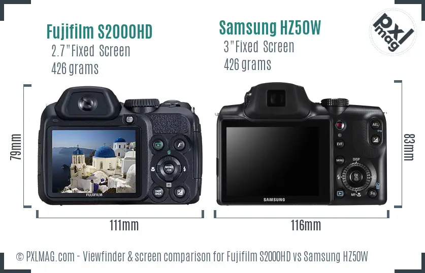 Fujifilm S2000HD vs Samsung HZ50W Screen and Viewfinder comparison