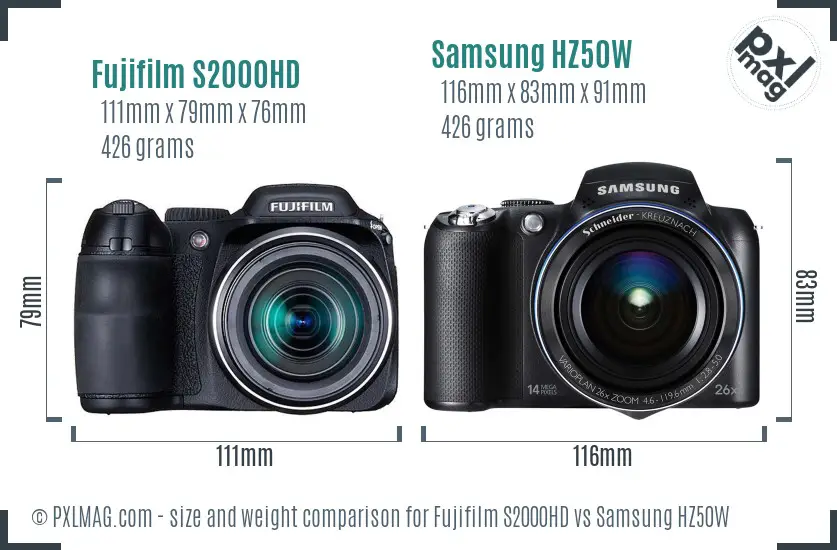 Fujifilm S2000HD vs Samsung HZ50W size comparison