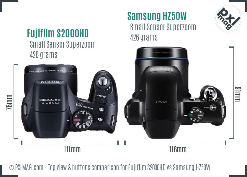 Fujifilm S2000HD vs Samsung HZ50W top view buttons comparison