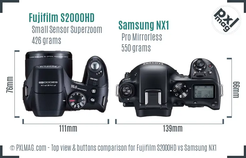 Top view design and control layout comparison between Fujifilm S2000HD and Samsung NX1