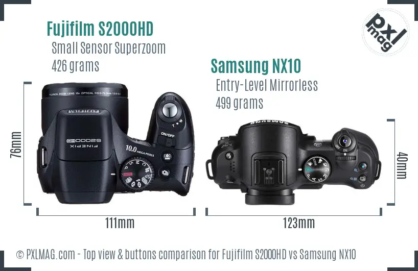 Fujifilm S2000HD vs Samsung NX10 top view buttons comparison Fujifilm S2000HD vs Samsung NX10 top view buttons comparison