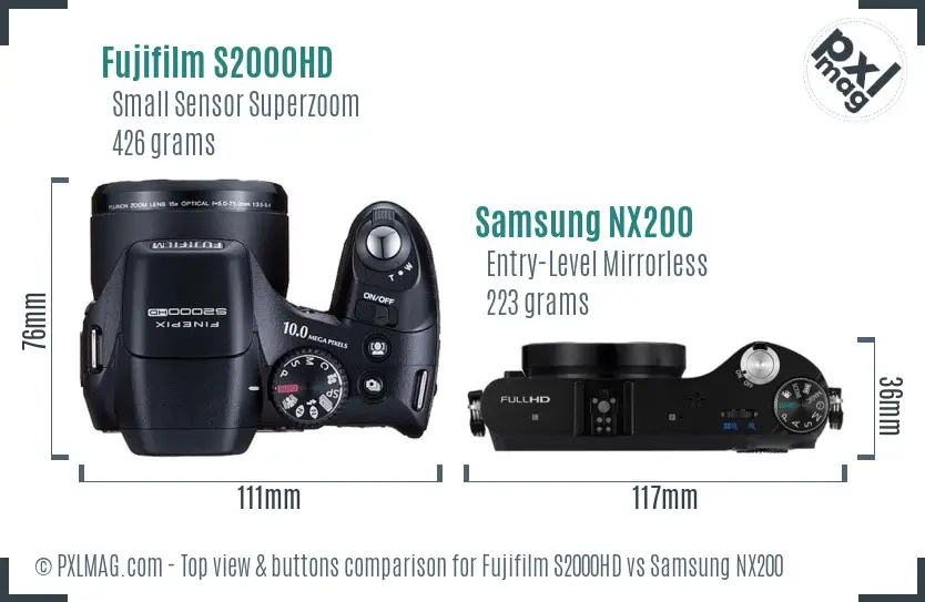 Fujifilm S2000HD vs Samsung NX200 top view buttons comparison