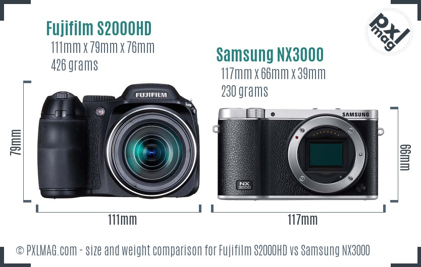 Fujifilm S2000HD vs Samsung NX3000 size comparison