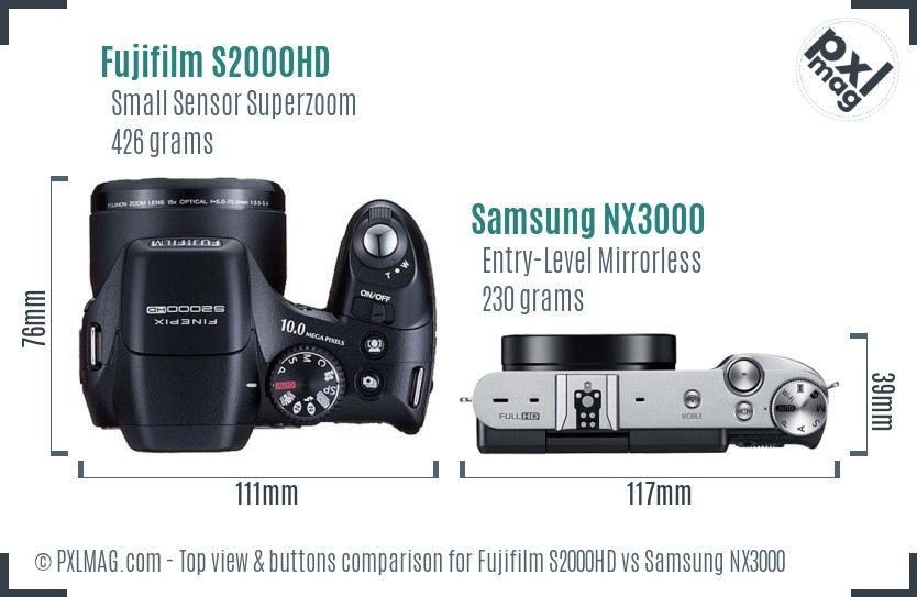 Fujifilm S2000HD vs Samsung NX3000 top view buttons comparison