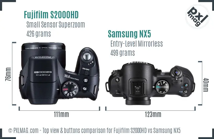 Fujifilm S2000HD vs Samsung NX5 top view buttons comparison