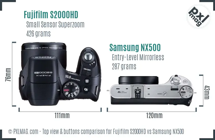 Fujifilm S2000HD vs Samsung NX500 top view buttons comparison