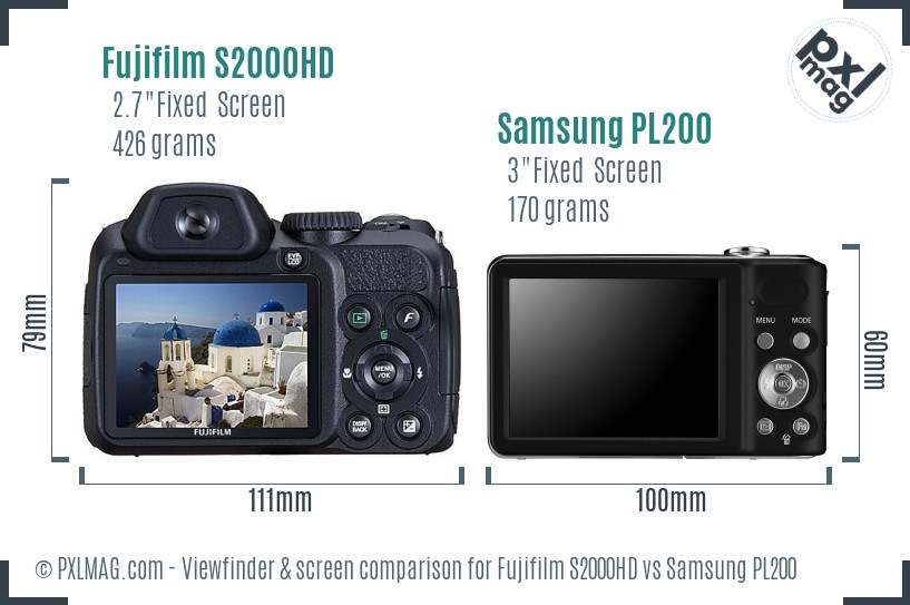 Fujifilm S2000HD vs Samsung PL200 Screen and Viewfinder comparison