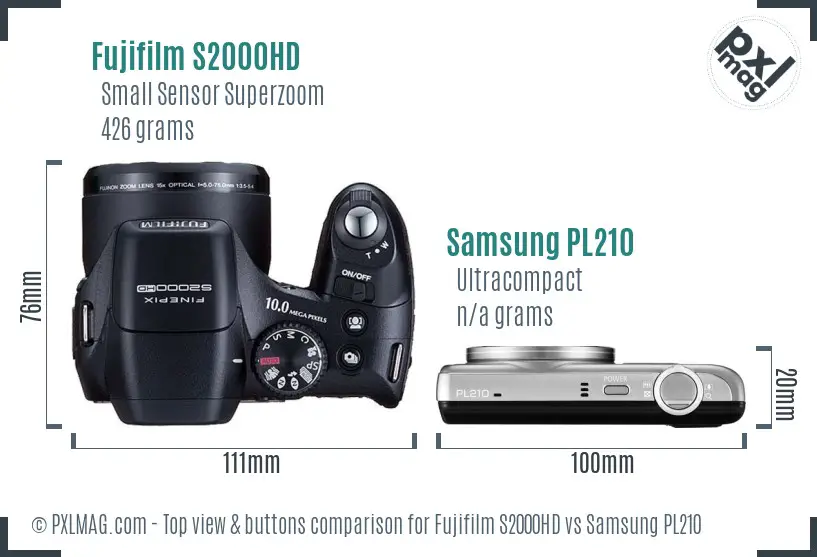 Fujifilm S2000HD vs Samsung PL210 top view buttons comparison Fujifilm S2000HD vs Samsung PL210 top view buttons comparison