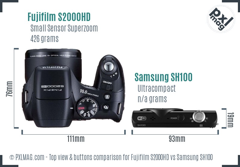 Fujifilm S2000HD vs Samsung SH100 top view buttons comparison