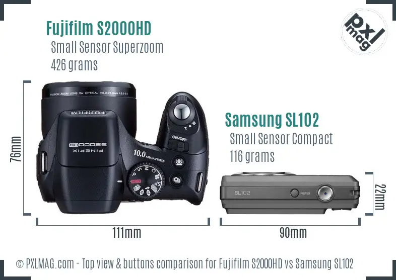 Fujifilm S2000HD vs Samsung SL102 top view buttons comparison Fujifilm S2000HD vs Samsung SL102 top view buttons comparison