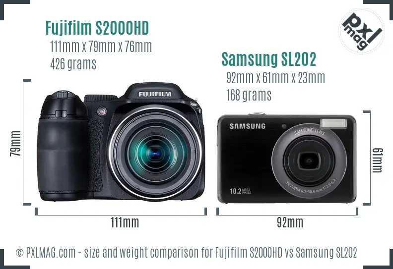 Fujifilm S2000HD vs Samsung SL202 size comparison Fujifilm S2000HD vs Samsung SL202 size comparison