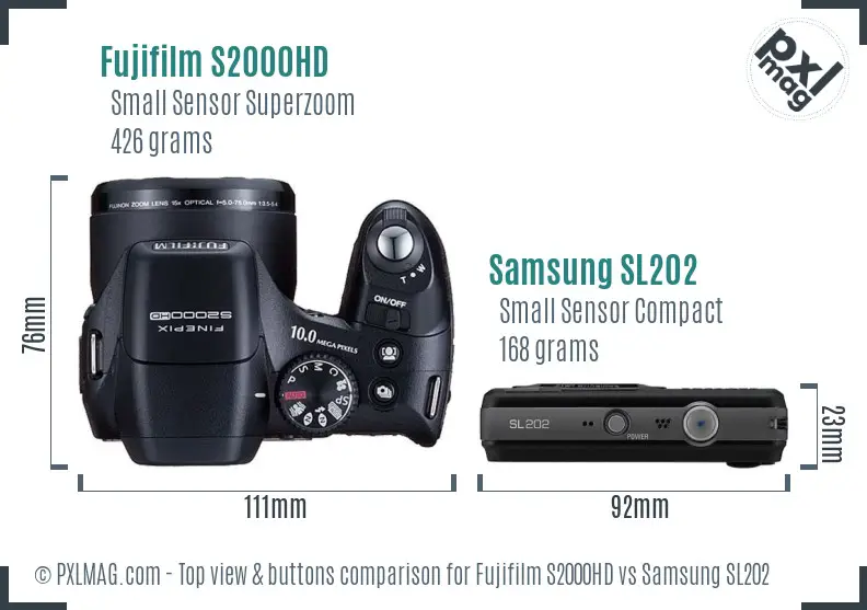 Fujifilm S2000HD vs Samsung SL202 top view buttons comparison Fujifilm S2000HD vs Samsung SL202 top view buttons comparison
