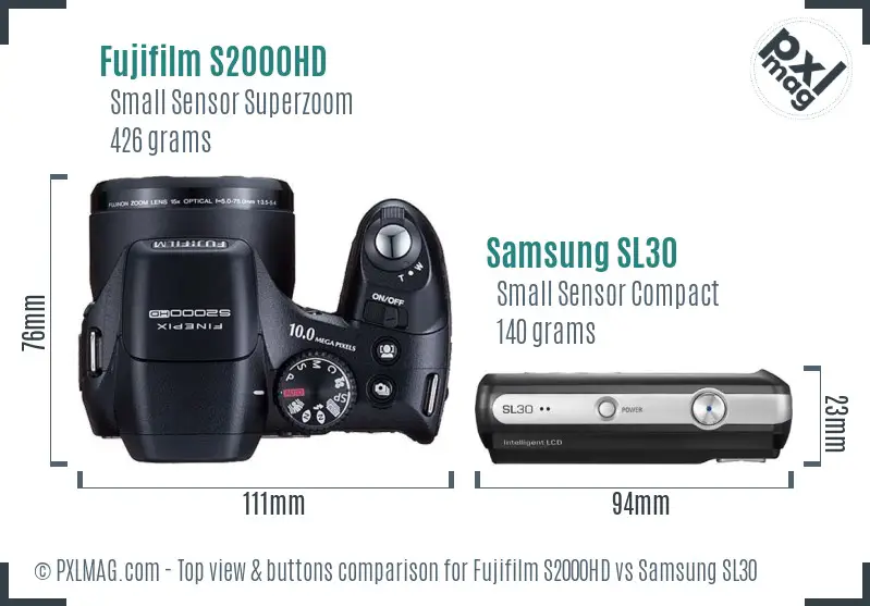 Fujifilm S2000HD vs Samsung SL30 top view buttons comparison Fujifilm S2000HD vs Samsung SL30 top view buttons comparison