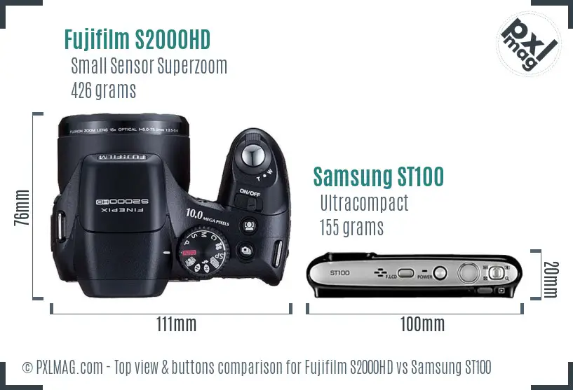 Fujifilm S2000HD vs Samsung ST100 top view buttons comparison