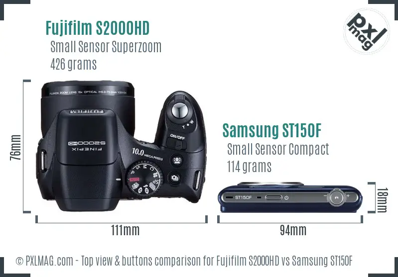 Fujifilm S2000HD vs Samsung ST150F top view buttons comparison Fujifilm S2000HD vs Samsung ST150F top view buttons comparison