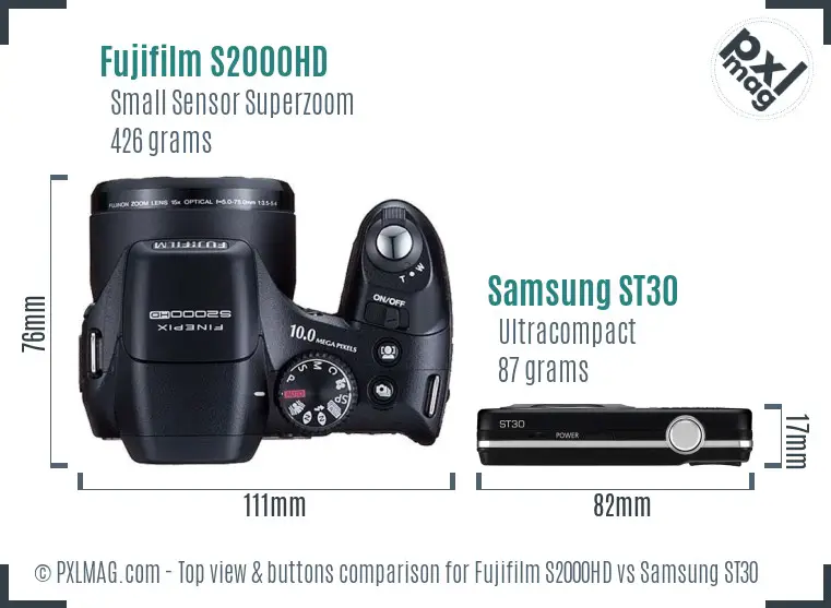 Fujifilm S2000HD vs Samsung ST30 top view buttons comparison
