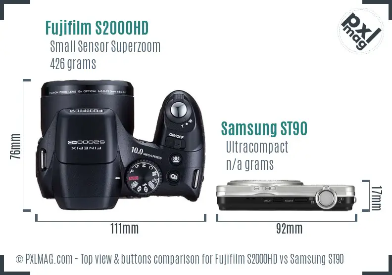 Fujifilm S2000HD vs Samsung ST90 top view buttons comparison Fujifilm S2000HD vs Samsung ST90 top view buttons comparison