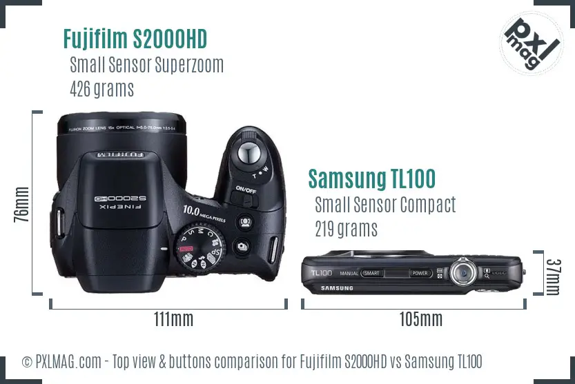 Fujifilm S2000HD vs Samsung TL100 top view buttons comparison