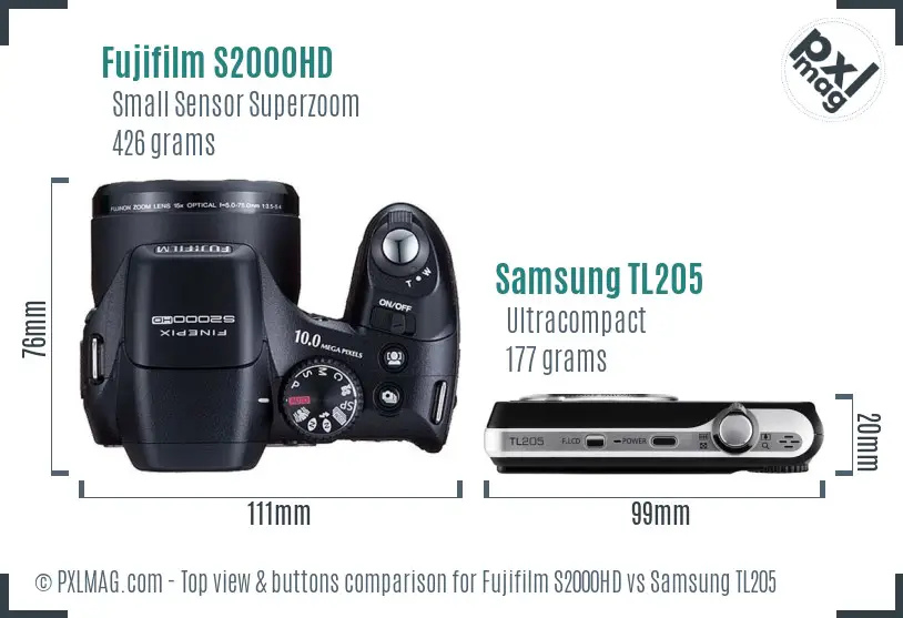 Fujifilm S2000HD vs Samsung TL205 top view buttons comparison