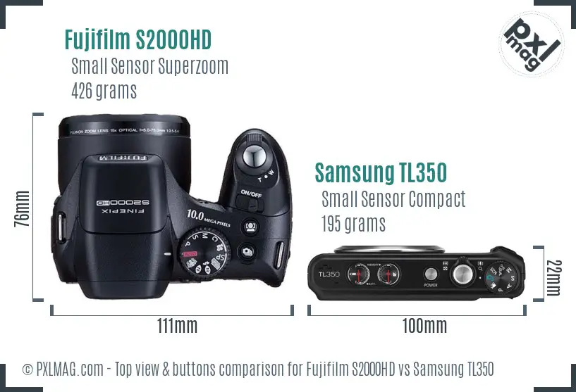 Fujifilm S2000HD vs Samsung TL350 top view buttons comparison