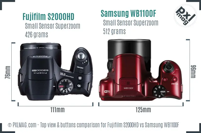 Fujifilm S2000HD vs Samsung WB1100F top view buttons comparison