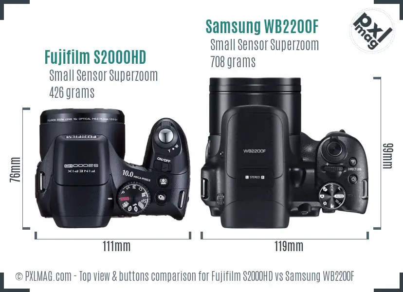 Fujifilm S2000HD vs Samsung WB2200F top view buttons comparison