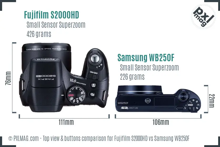 Fujifilm S2000HD vs Samsung WB250F top view buttons comparison