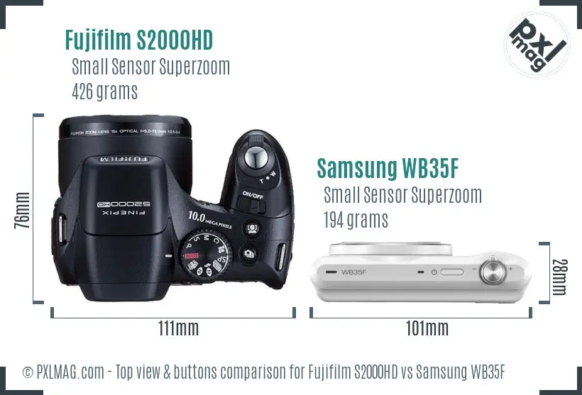Fujifilm S2000HD vs Samsung WB35F top view buttons comparison Fujifilm S2000HD vs Samsung WB35F top view buttons comparison