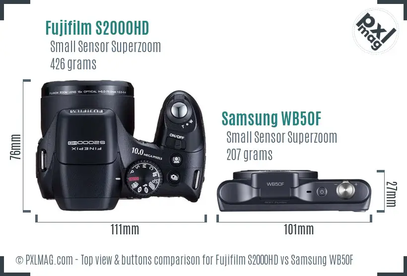 Fujifilm S2000HD vs Samsung WB50F top view buttons comparison