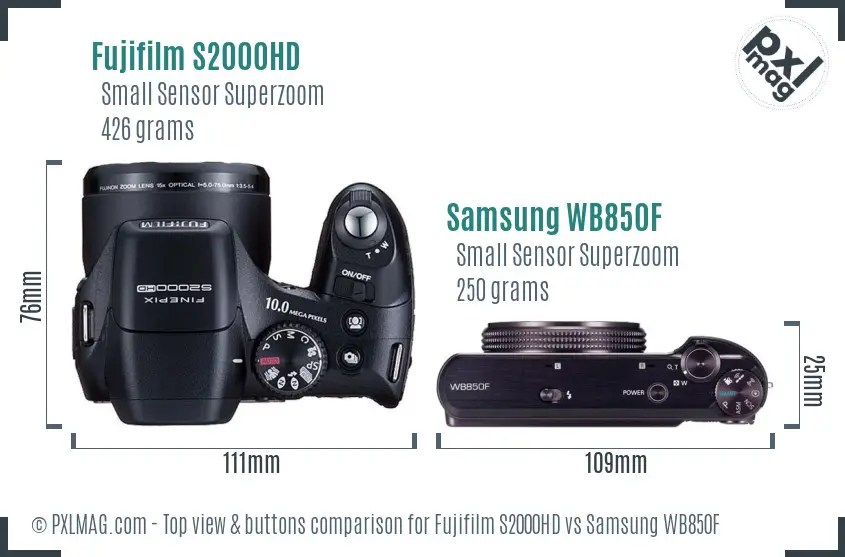 Fujifilm S2000HD vs Samsung WB850F top view buttons comparison