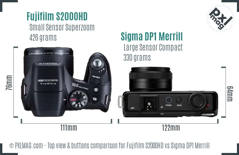 Fujifilm S2000HD vs Sigma DP1 Merrill top view buttons comparison