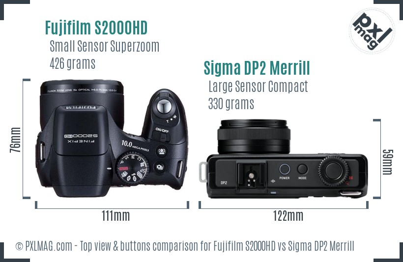 Fujifilm S2000HD vs Sigma DP2 Merrill top view buttons comparison