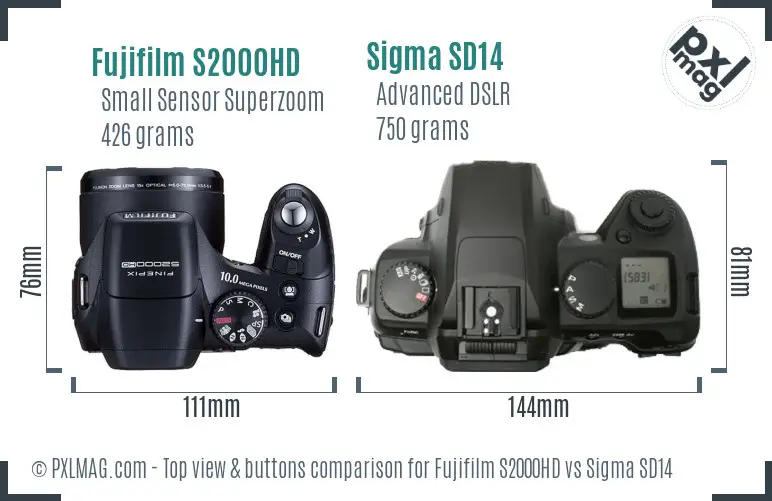 Fujifilm S2000HD vs Sigma SD14 top view buttons comparison