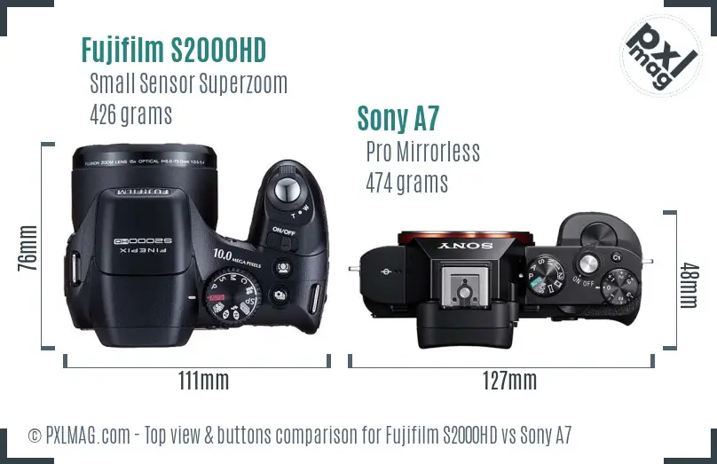 Fujifilm S2000HD vs Sony A7 top view buttons comparison