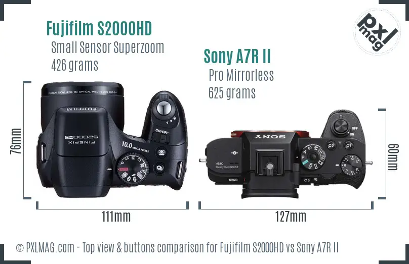 Fujifilm S2000HD vs Sony A7R II top view buttons comparison