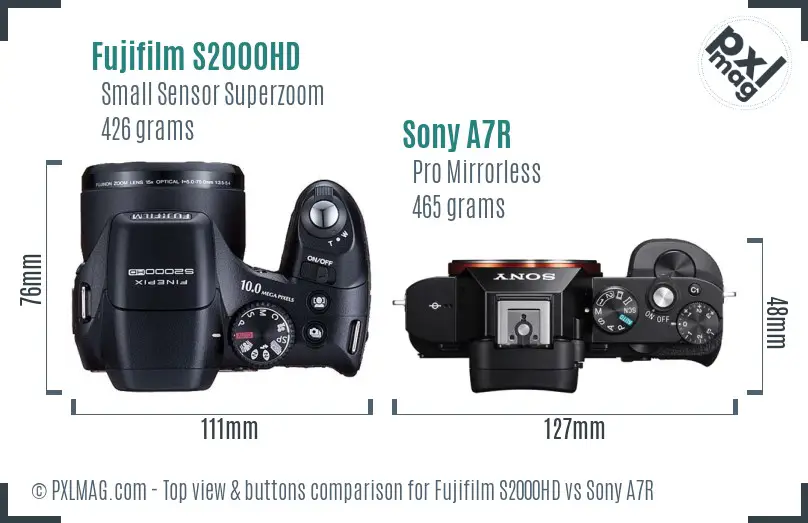 Fujifilm S2000HD vs Sony A7R top view buttons comparison