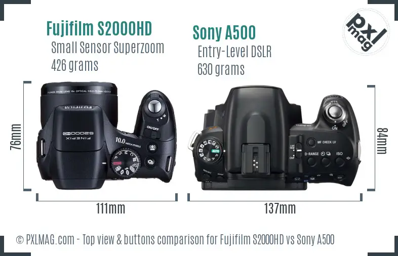 Fujifilm S2000HD vs Sony A500 top view buttons comparison