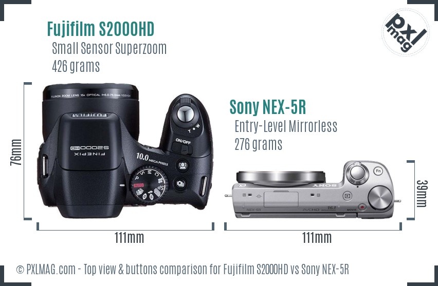 Fujifilm S2000HD vs Sony NEX-5R top view buttons comparison