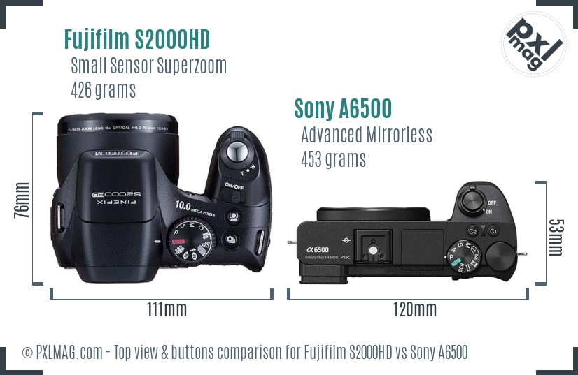 Fujifilm S2000HD vs Sony A6500 top view buttons comparison