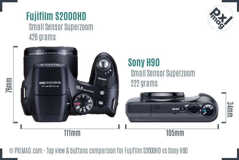 Fujifilm S2000HD vs Sony H90 top view buttons comparison