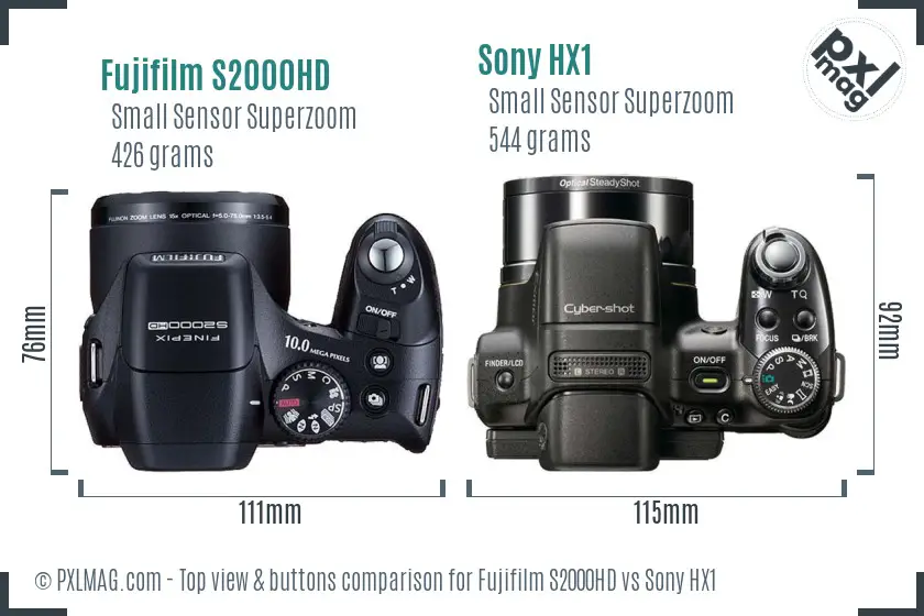 Fujifilm S2000HD vs Sony HX1 top view buttons comparison