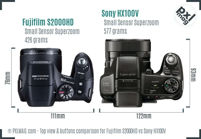 Fujifilm S2000HD vs Sony HX100V top view buttons comparison