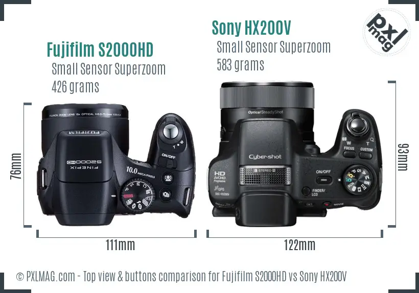 Fujifilm S2000HD vs Sony HX200V top view buttons comparison Fujifilm S2000HD vs Sony HX200V top view buttons comparison