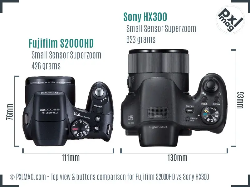 Fujifilm S2000HD vs Sony HX300 top view buttons comparison