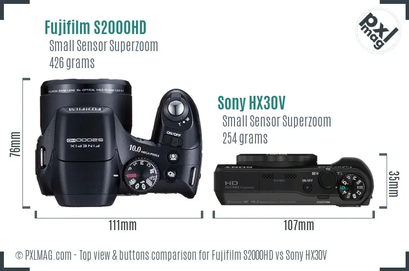 Fujifilm S2000HD vs Sony HX30V top view buttons comparison Fujifilm S2000HD vs Sony HX30V top view buttons comparison