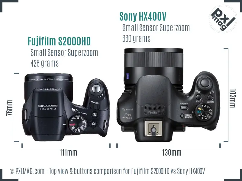 Fujifilm S2000HD vs Sony HX400V top view buttons comparison