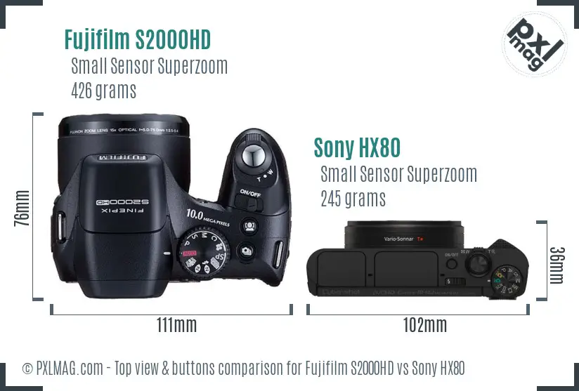 Fujifilm S2000HD vs Sony HX80 top view buttons comparison