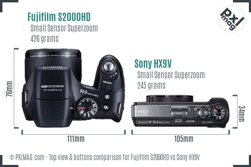 Fujifilm S2000HD vs Sony HX9V top view buttons comparison